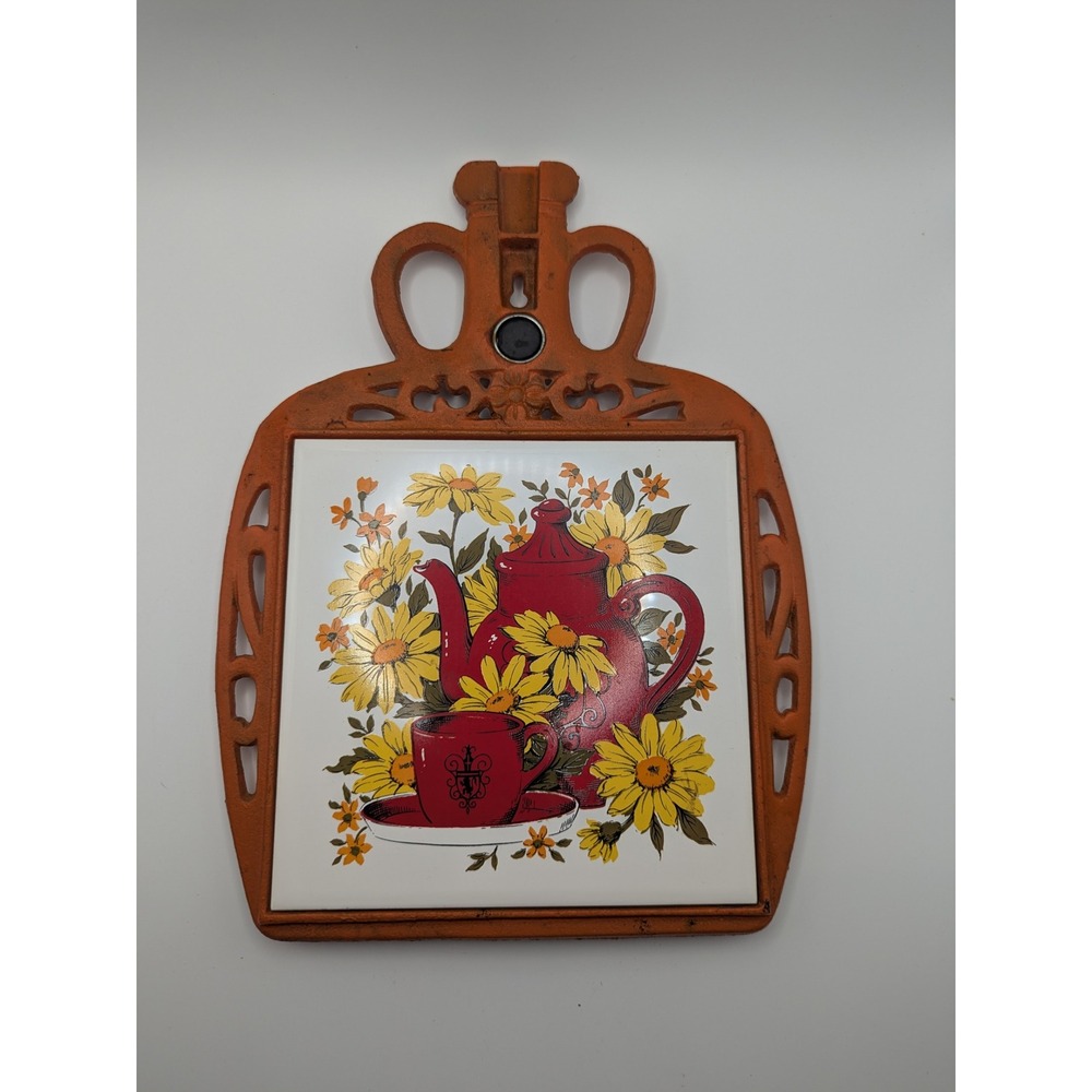 Vintage Orange Cast Iron Trivet‎ Hot Pad Red Teapot Yellow Floral FM Japan